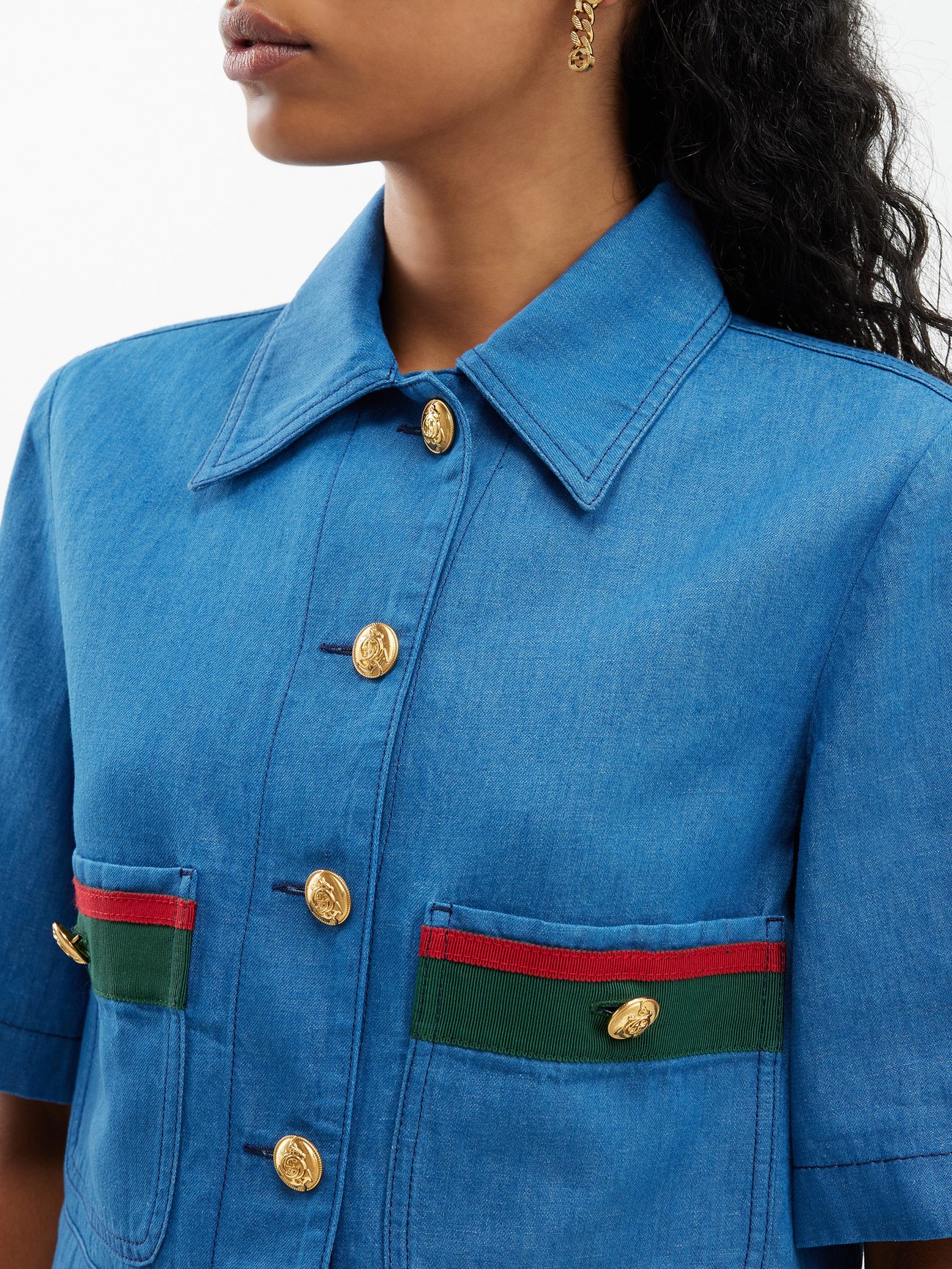 Gucci - Web Stripe Short-sleeved Denim Jacket - Womens - Blue