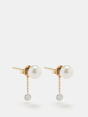 Mizuki Drop diamond, pearl & 14kt gold earrings