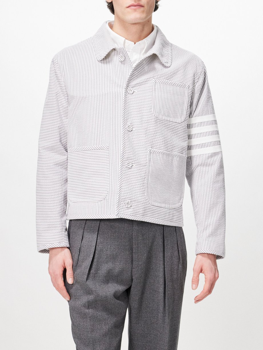 Grey 4-bar striped cotton-seersucker overshirt | Thom Browne | MATCHES UK