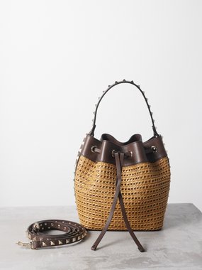 Valentino Garavani Rockstud leather-trim faux-raffia bucket bag