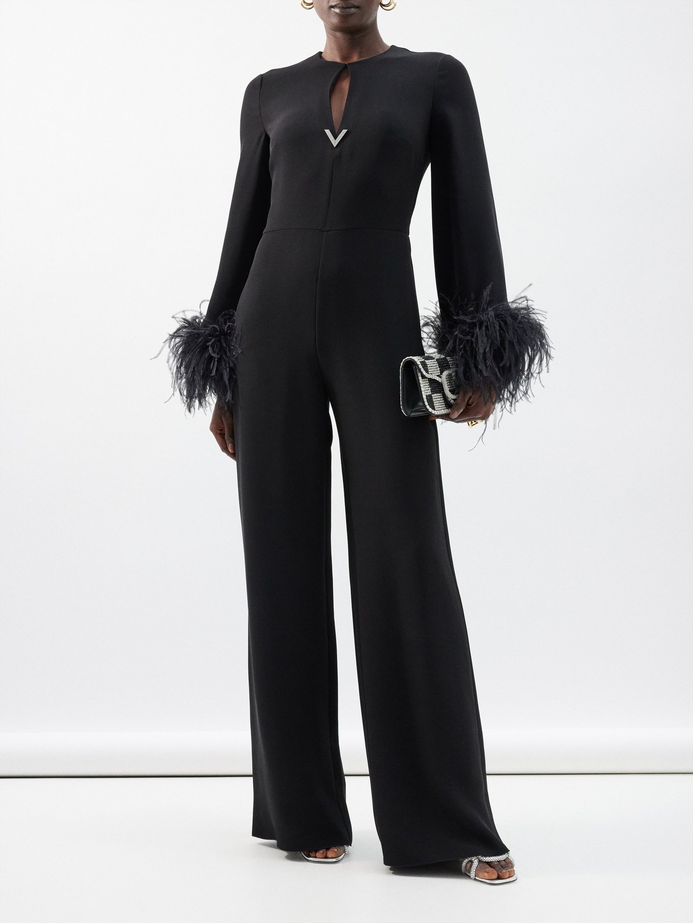 Black Cady Couture feather-trimmed silk jumpsuit, Valentino Garavani