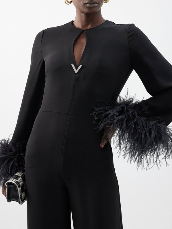 Valentino Garavani Cady Couture feather-trimmed silk jumpsuit