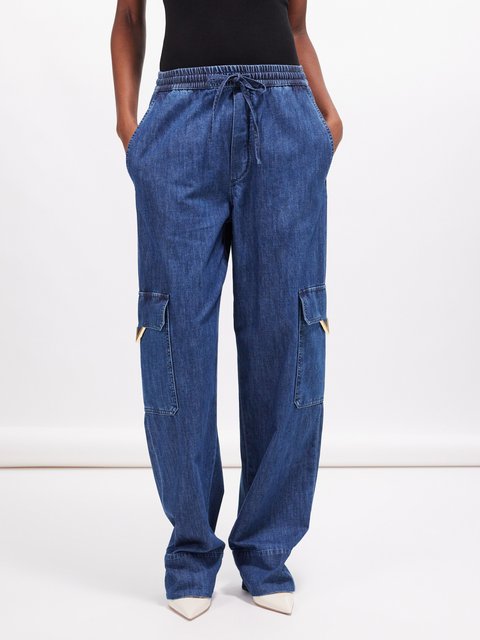 Blue Denim-print leather straight-leg trousers