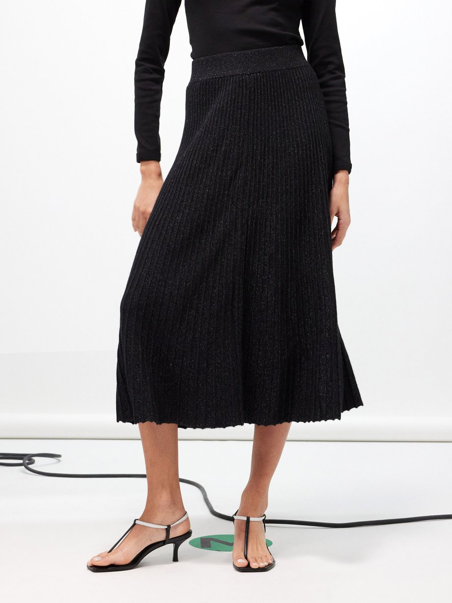 Black Amelia plissé cashmere midi skirt, LISA YANG