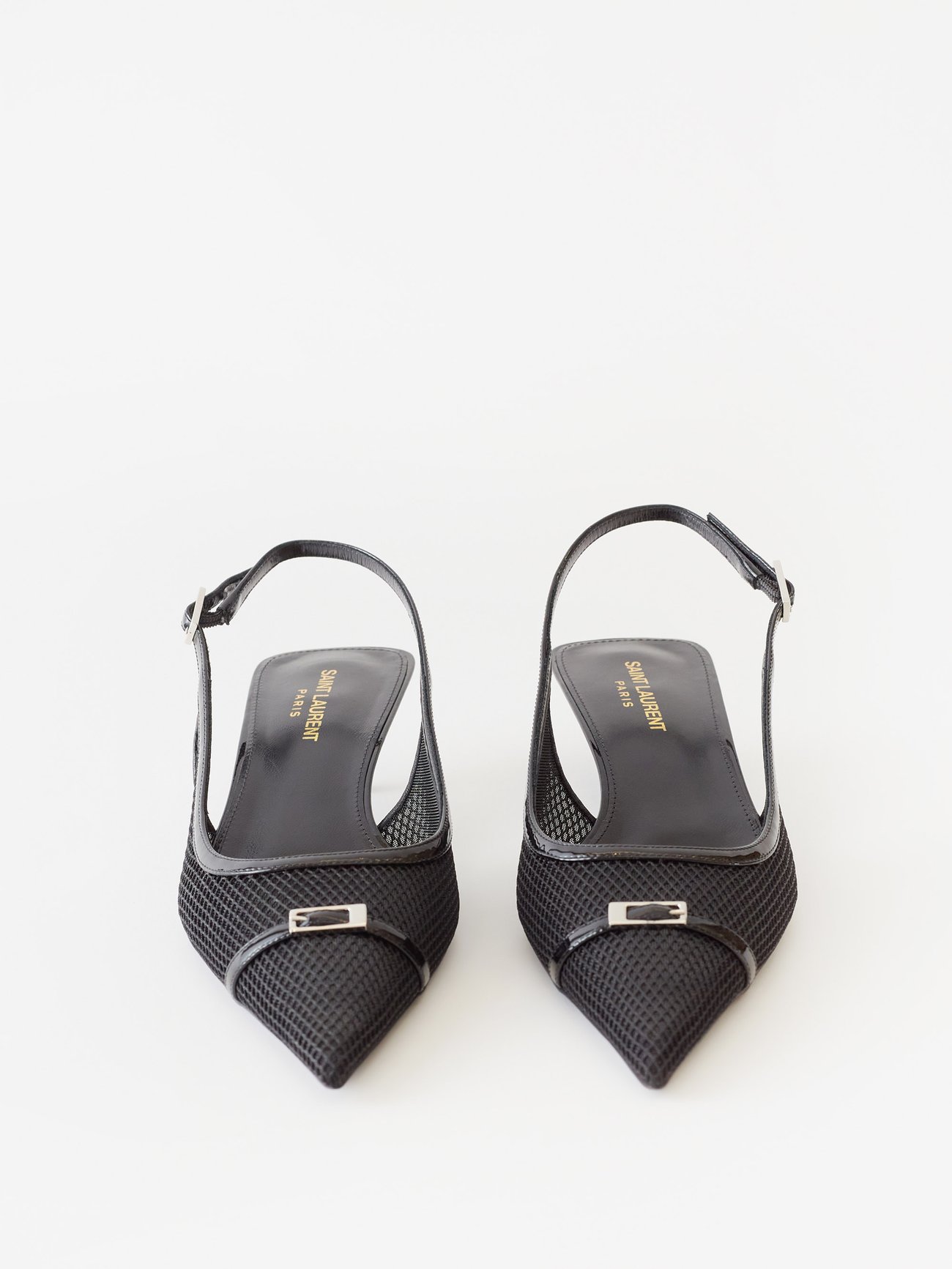 SAINT LAURENT Oxalis patent leather-trimmed mesh slingback pumps