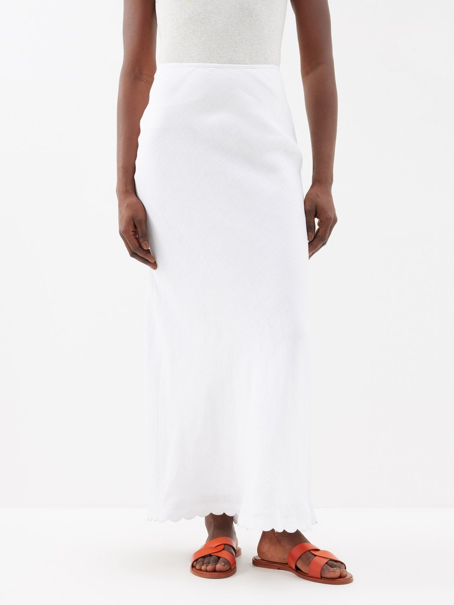 White Zayla scalloped-hem linen maxi skirt, posse