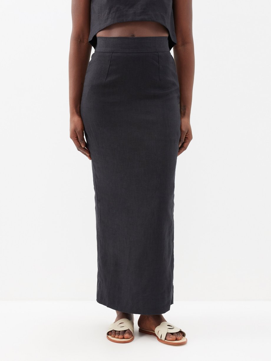 Black Emma high-rise linen midi skirt | posse | MATCHES UK