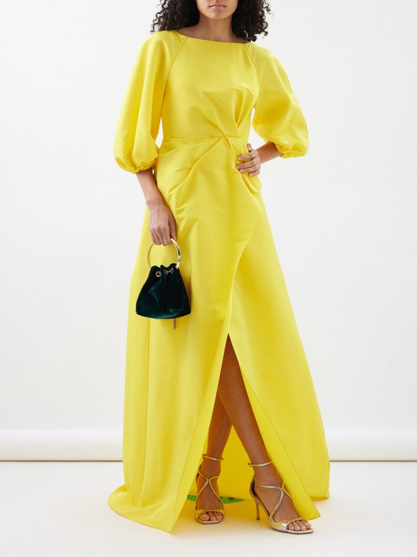 Yellow Balloon-sleeve silk-faille draped gown | Carolina Herrera ...