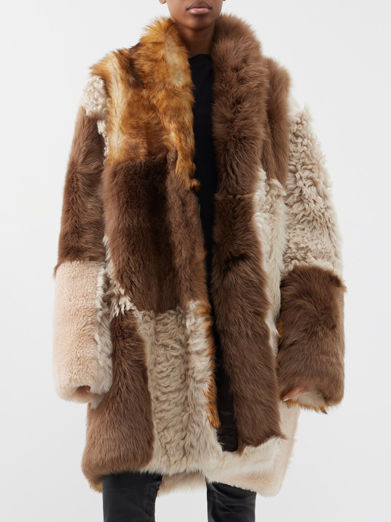 Brown Patchwork shearling coat, Raey