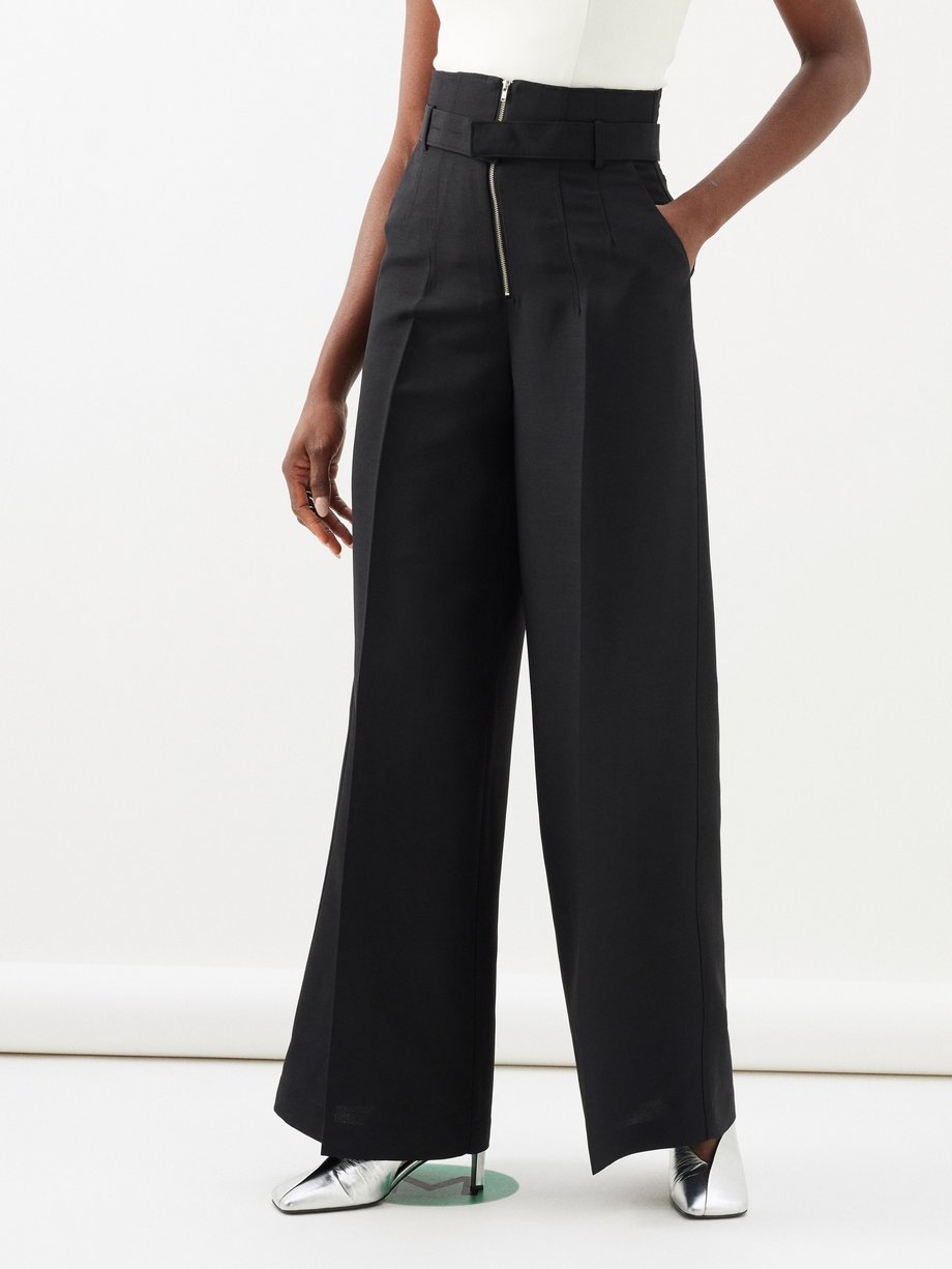 Black High-rise belted twill wide-leg trousers, CO