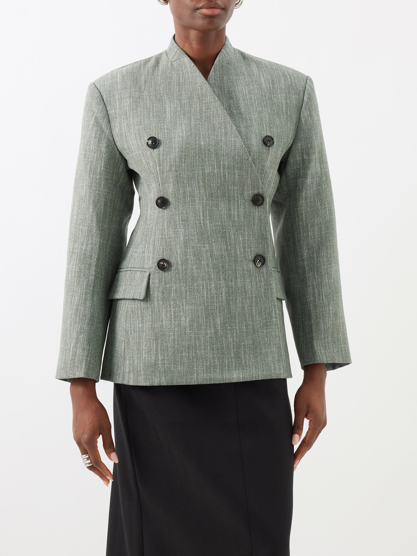 Collarless double-breasted wool-blend jacket | CO