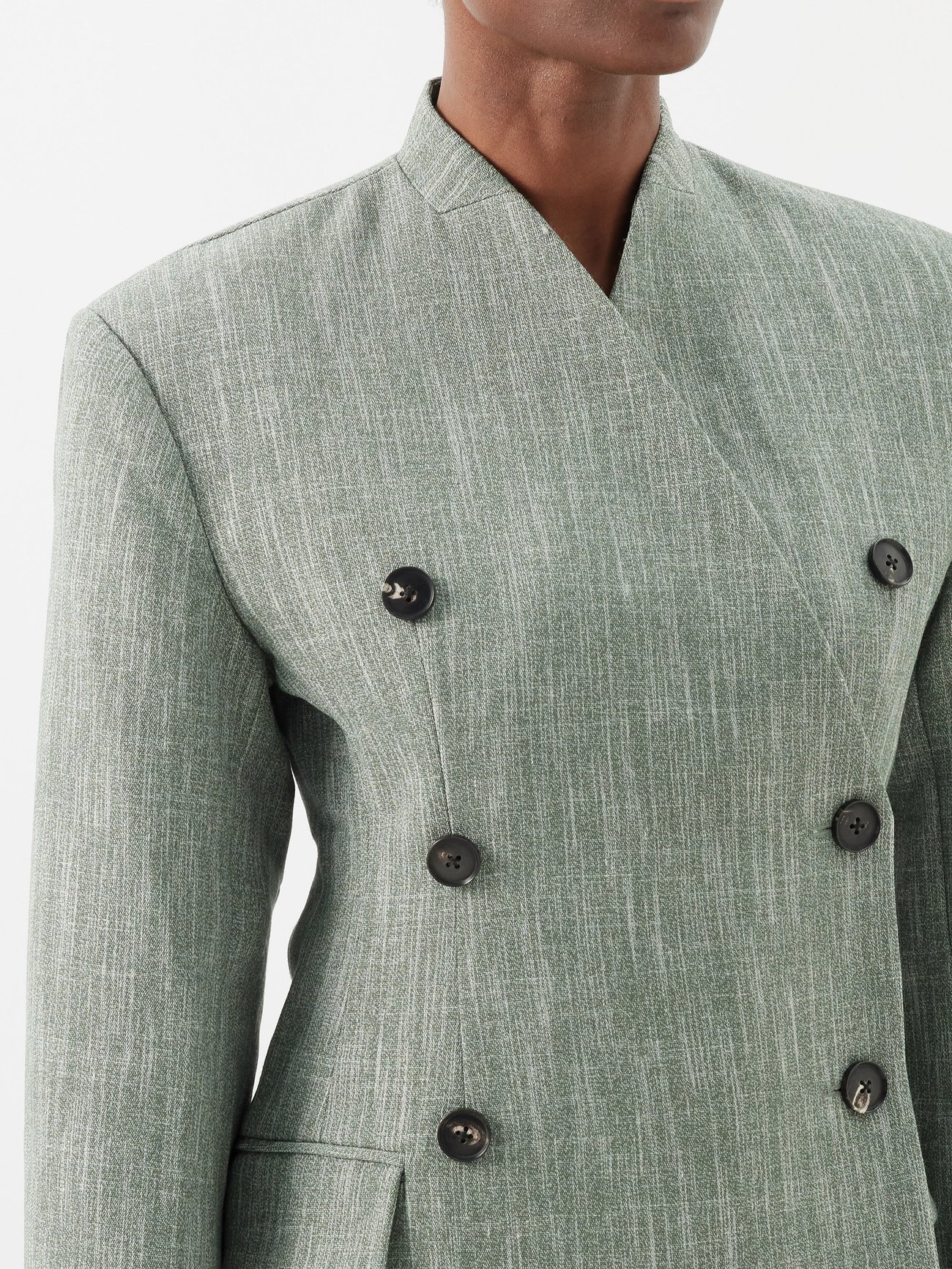 Collarless double-breasted wool-blend jacket