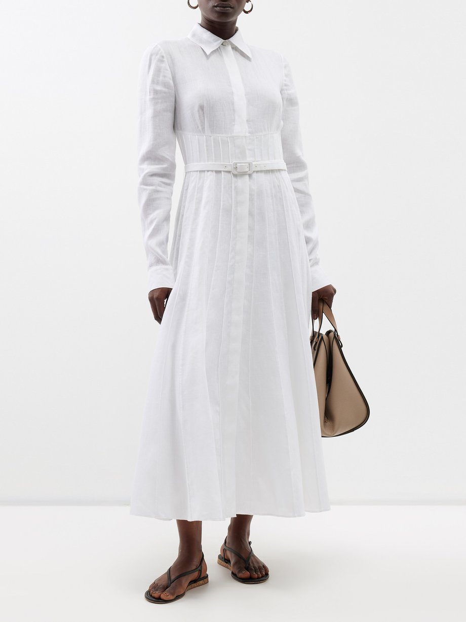 White Dewi belted pleated-linen shirt dress | Gabriela Hearst | MATCHES UK