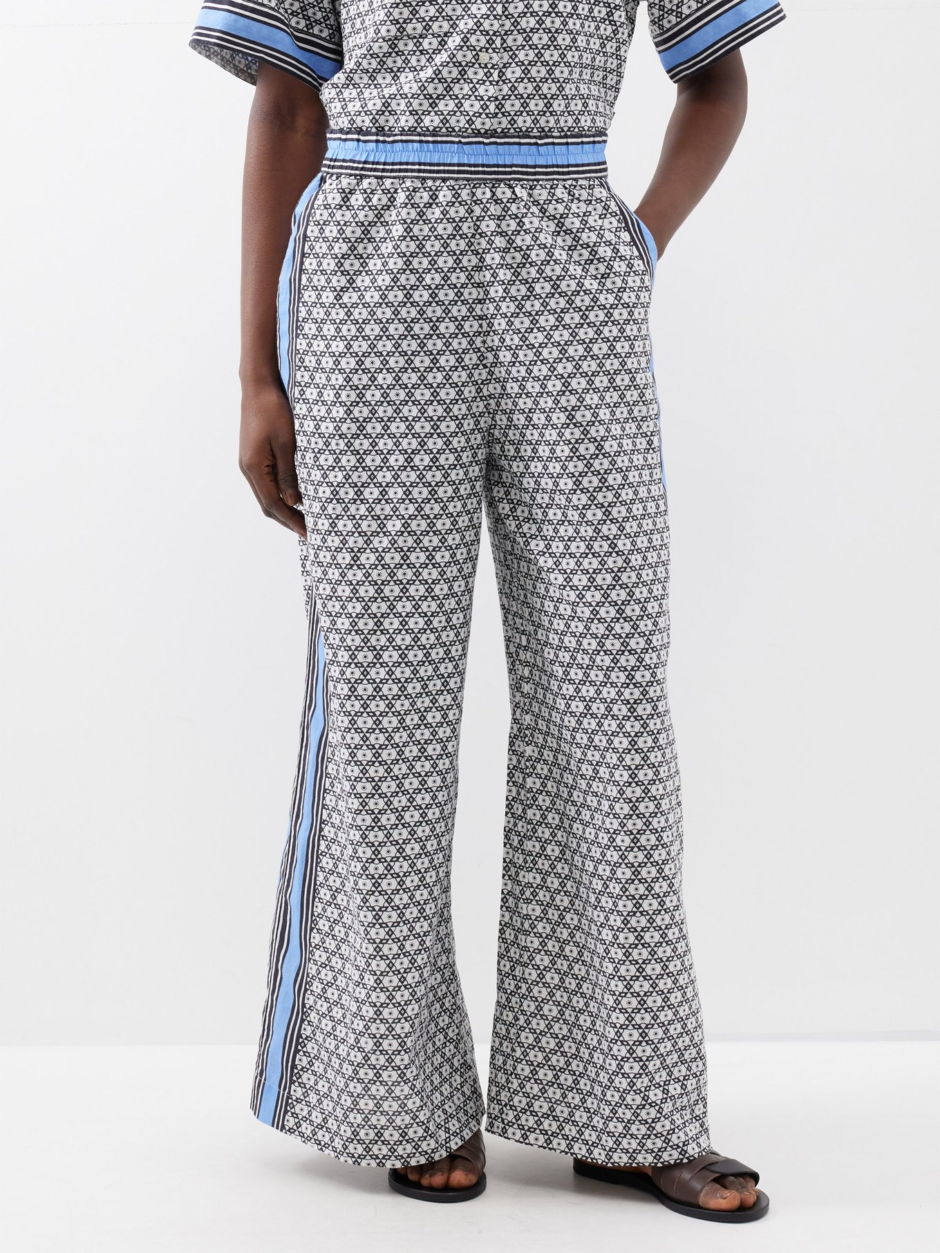 Blue Geometric-print linen wide-leg trousers, Boteh