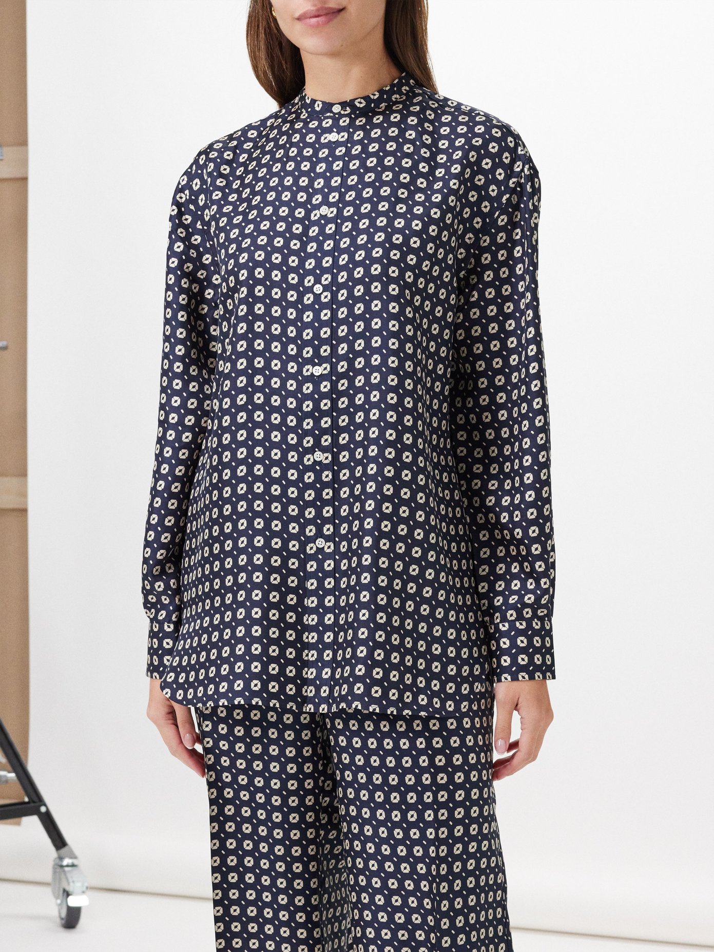 폴로 랄프로렌 Polo Ralph Lauren Geometric-print silk-twill shirt,Navy