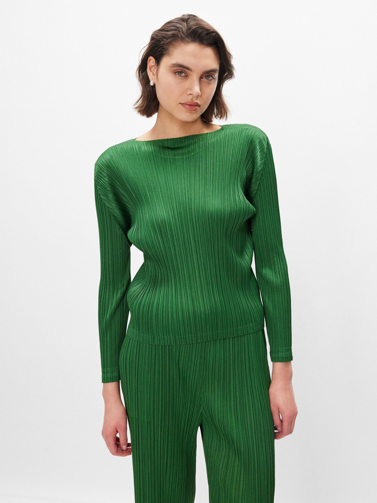 Rib-knit Boat-neck Top - Green - Ladies