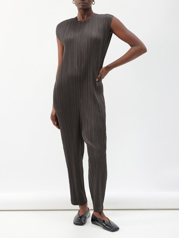 Grey Round-neck technical-pleated jumpsuit, Pleats Please Issey Miyake