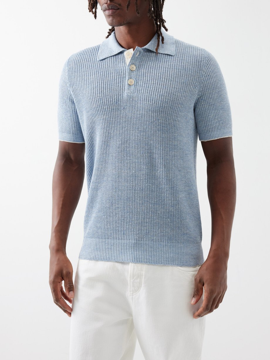 Blue Linen-blend polo shirt | Brunello Cucinelli | MATCHES UK