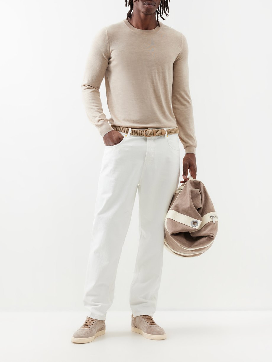 Beige Ribbed-trim virgin wool-blend sweater | Brunello Cucinelli