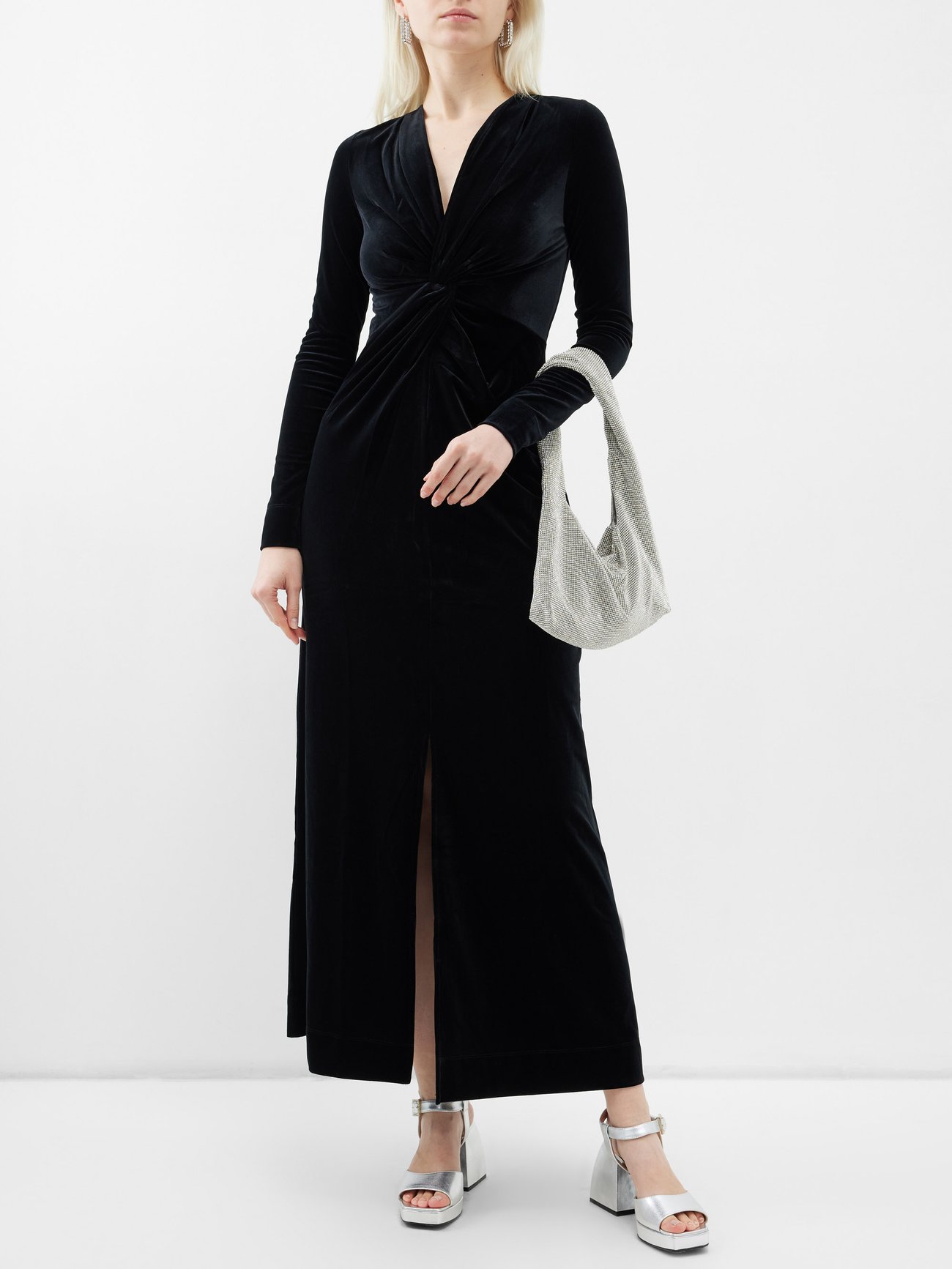 Black Twisted recycled-blend velvet maxi dress | Ganni | MATCHES UK