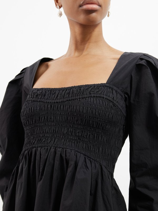 GANNI (Ganni) Square-neck smocked cotton midi dress