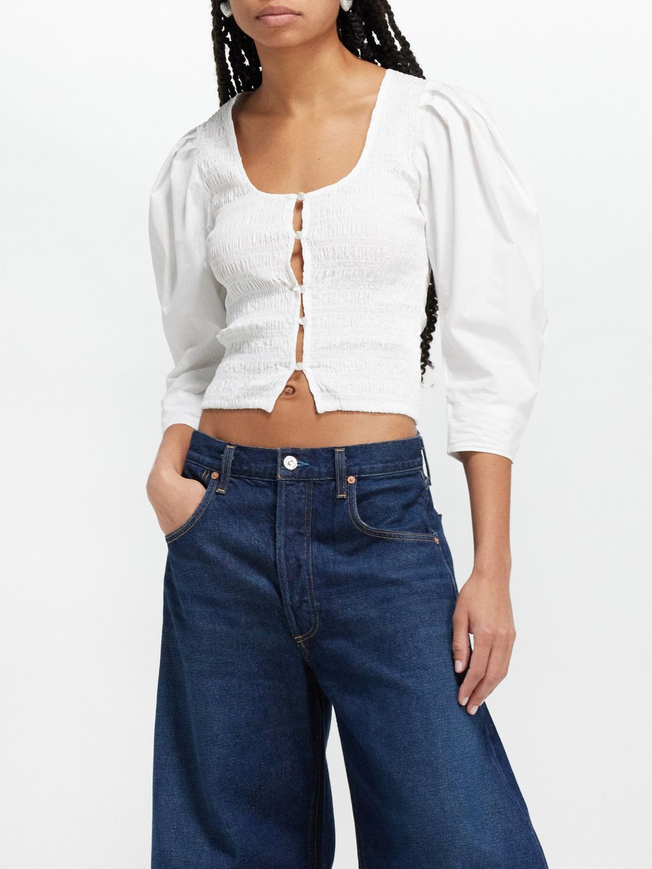 White Smocked cotton-poplin blouse | Ganni | MATCHES UK