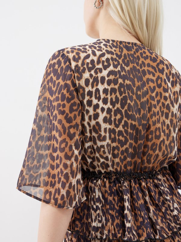 GANNI (Ganni) Leopard-print pleated chiffon mini dress