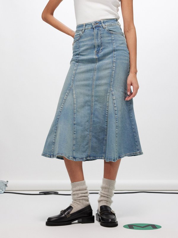 Blue Organic-blend denim midi skirt | Ganni | MATCHES UK