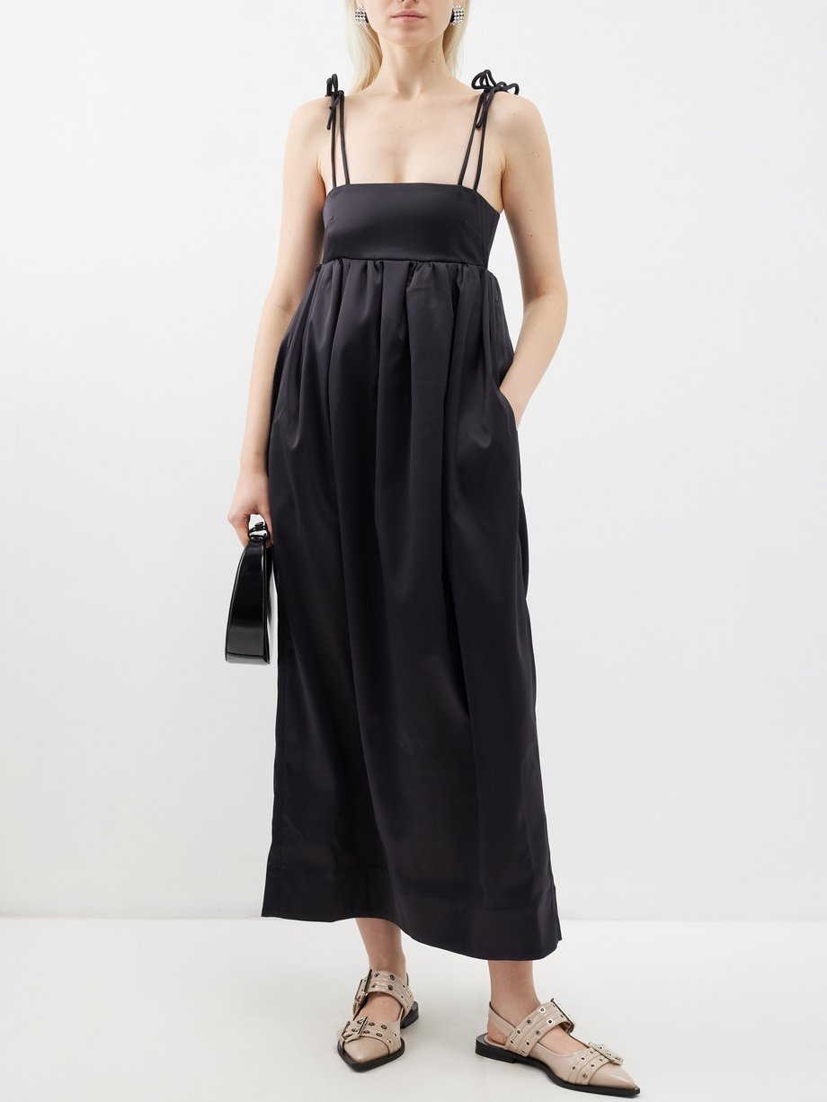 Black Tie-shoulder recycled-blend satin dress | Ganni | MATCHES UK