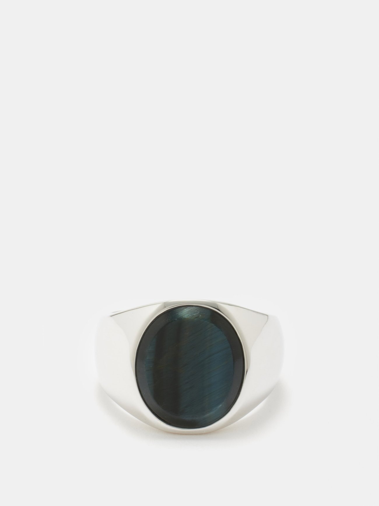 Blue Hawk Eye and sterling silver signet ring