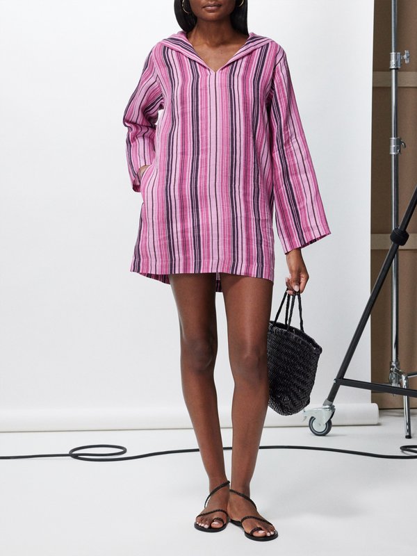 Pink Striped hooded linen-blend kaftan | Lisa Marie Fernandez