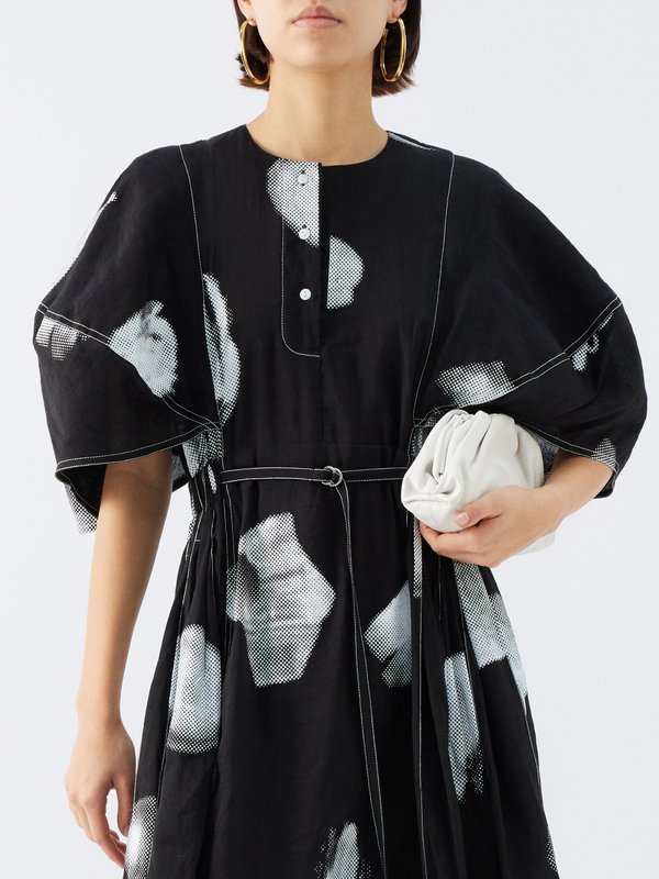 Lovebirds Printed puff-sleeve linen-blend midi dress