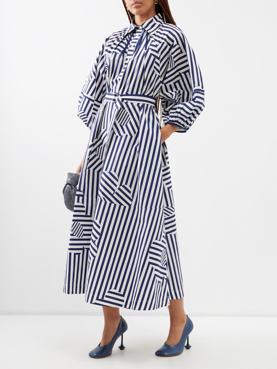 Navy Striped belted cotton midi dress | Lovebirds | MATCHES UK