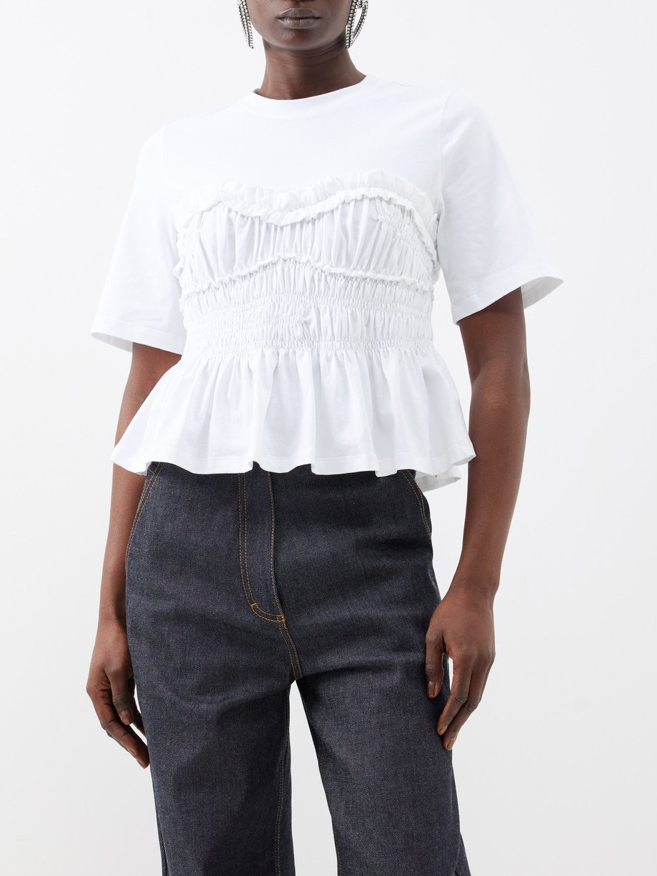 White Vilde smocked cotton-jersey T-shirt | Cecilie Bahnsen