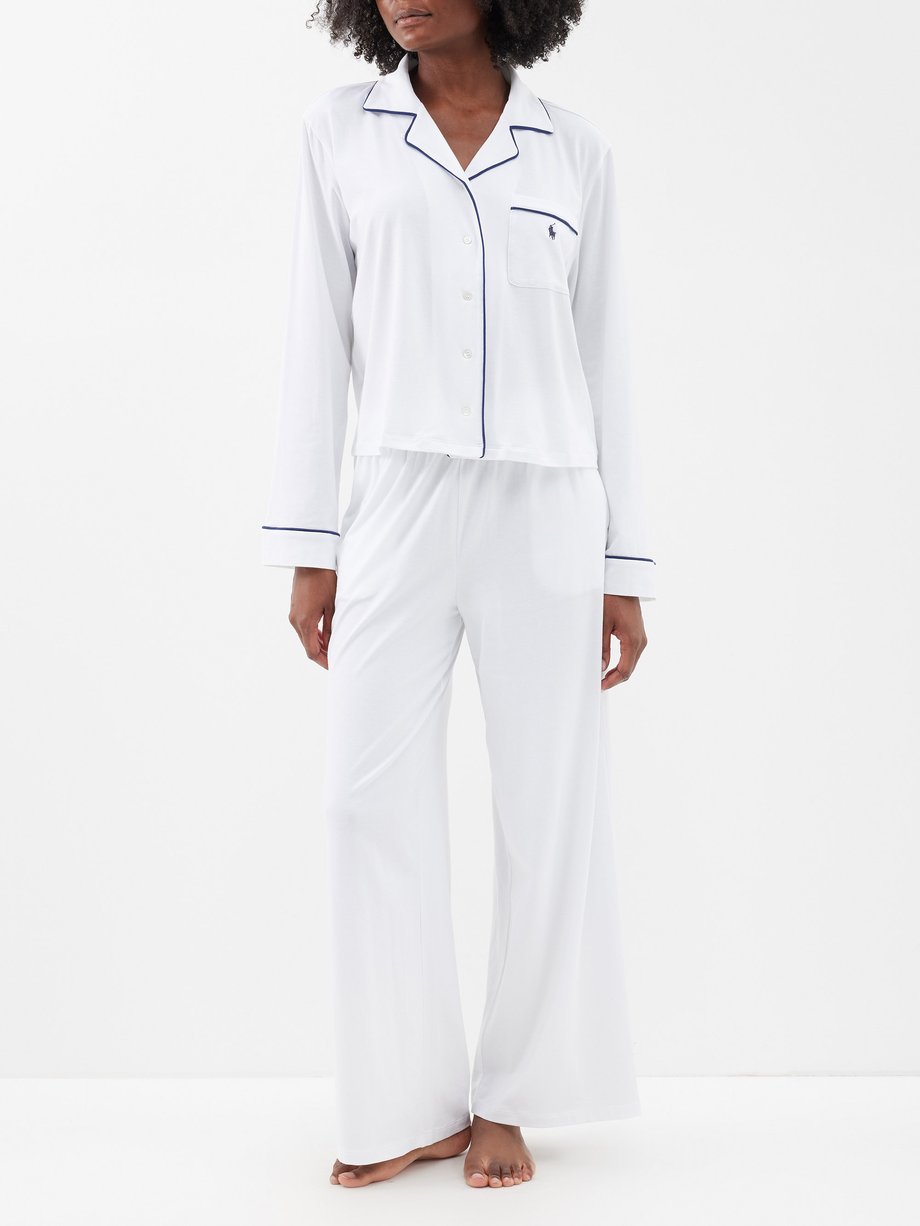 White Logo-embroidered cotton-blend pyjamas