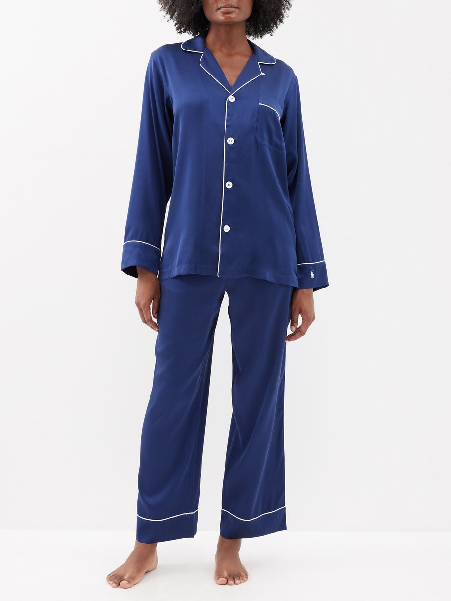 Navy Piped silk-blend pyjama set, Polo Ralph Lauren