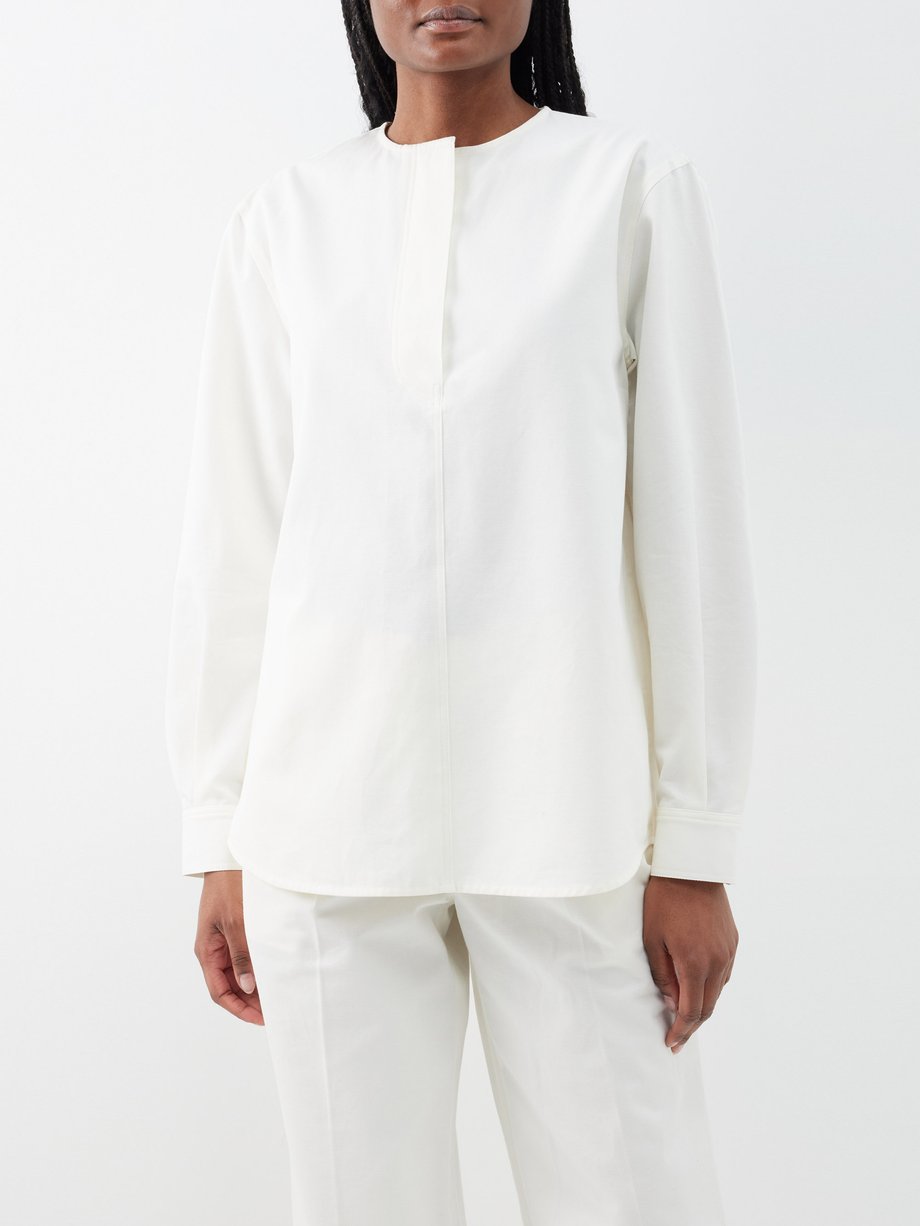 Collarless Cotton Linen Shirt - White