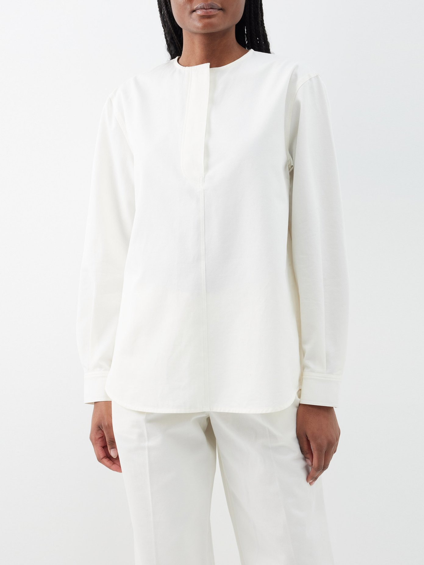 토템 Toteme Collarless organic-cotton twill shirt,White