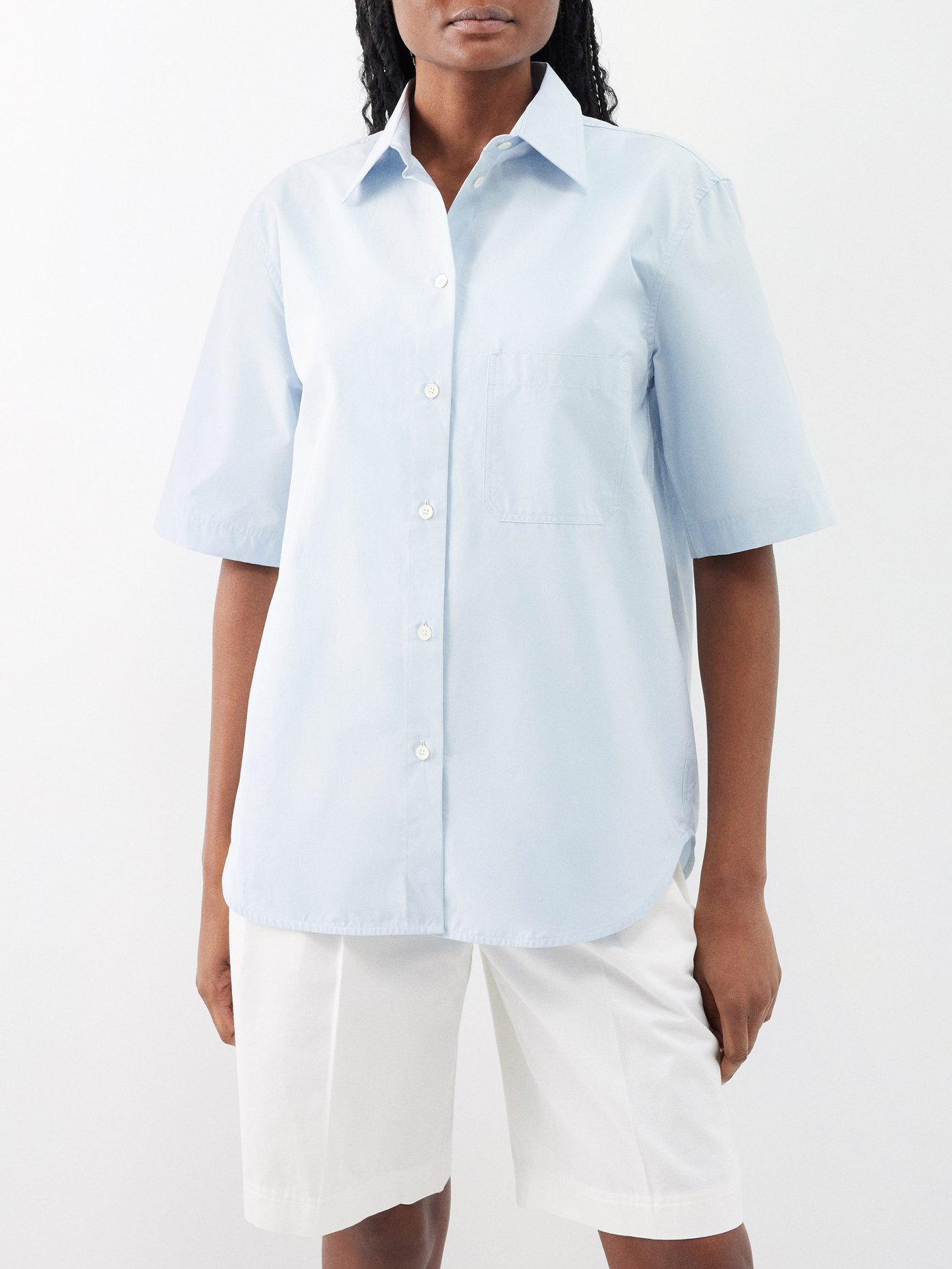토템 Toteme Organic cotton-poplin short-sleeved shirt,Blue