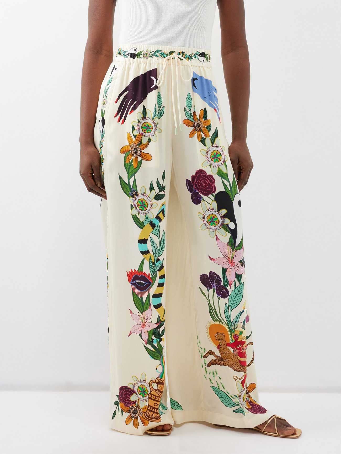 X Meagan Boyd printed silk-satin wide-leg trousers