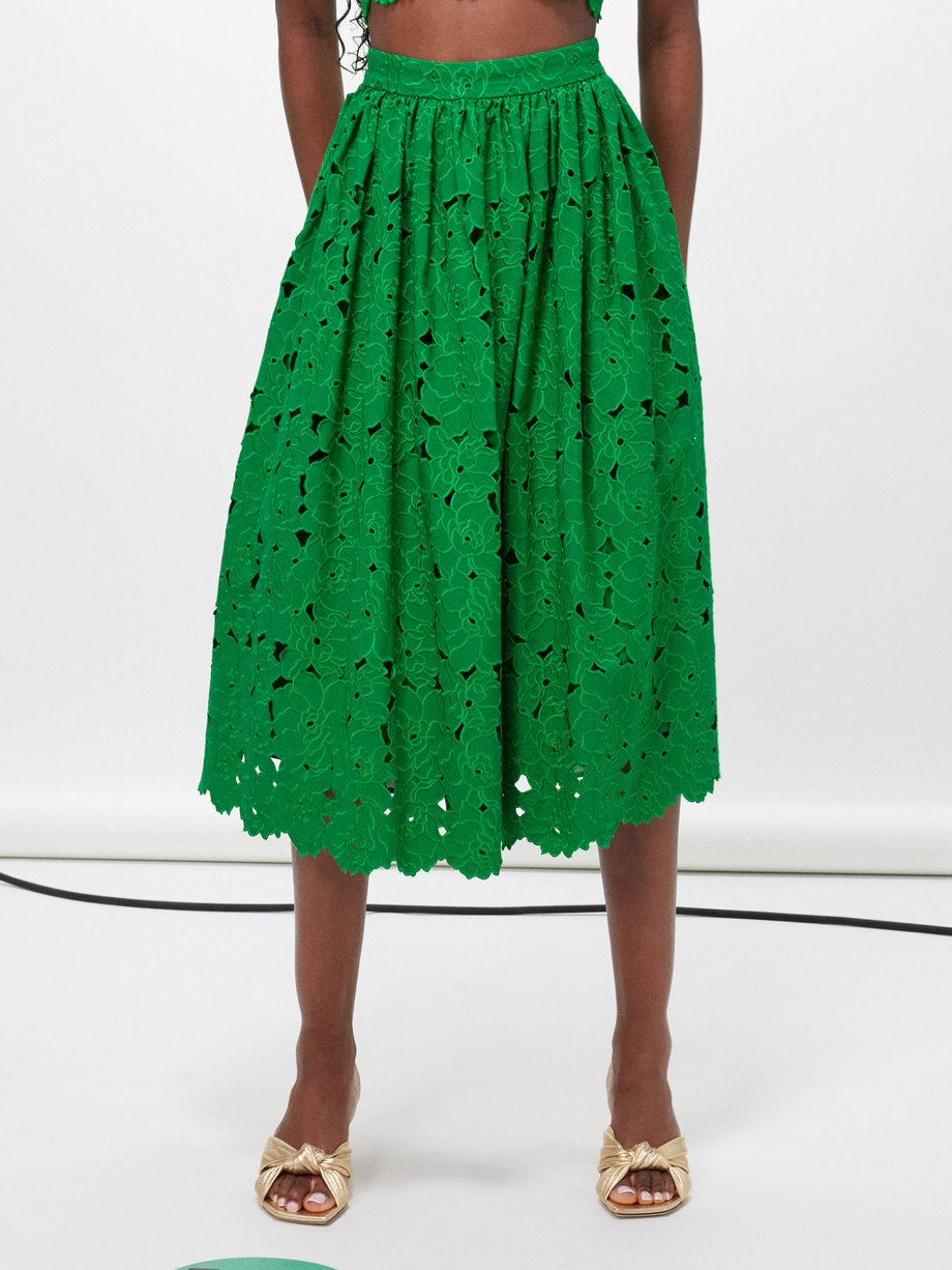 Green Broderie-anglaise cotton-blend midi skirt | Erdem | MATCHES UK