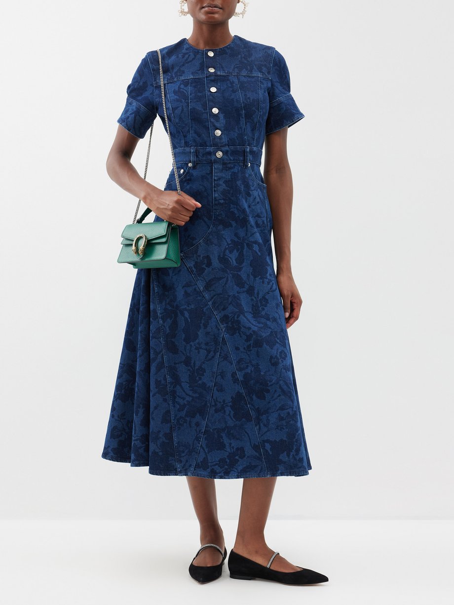 Blue Wallpaper Rose-print denim midi dress | Erdem | MATCHES UK