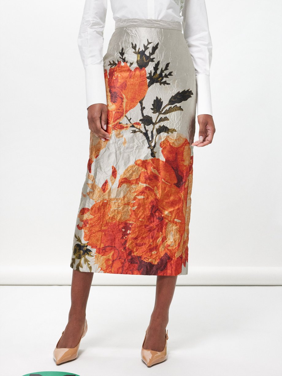 White Rose-print crinkled-satin midi skirt | Erdem | MATCHES UK