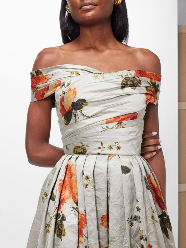 Erdem Floral-print off-the-shoulder crinkled-satin dress