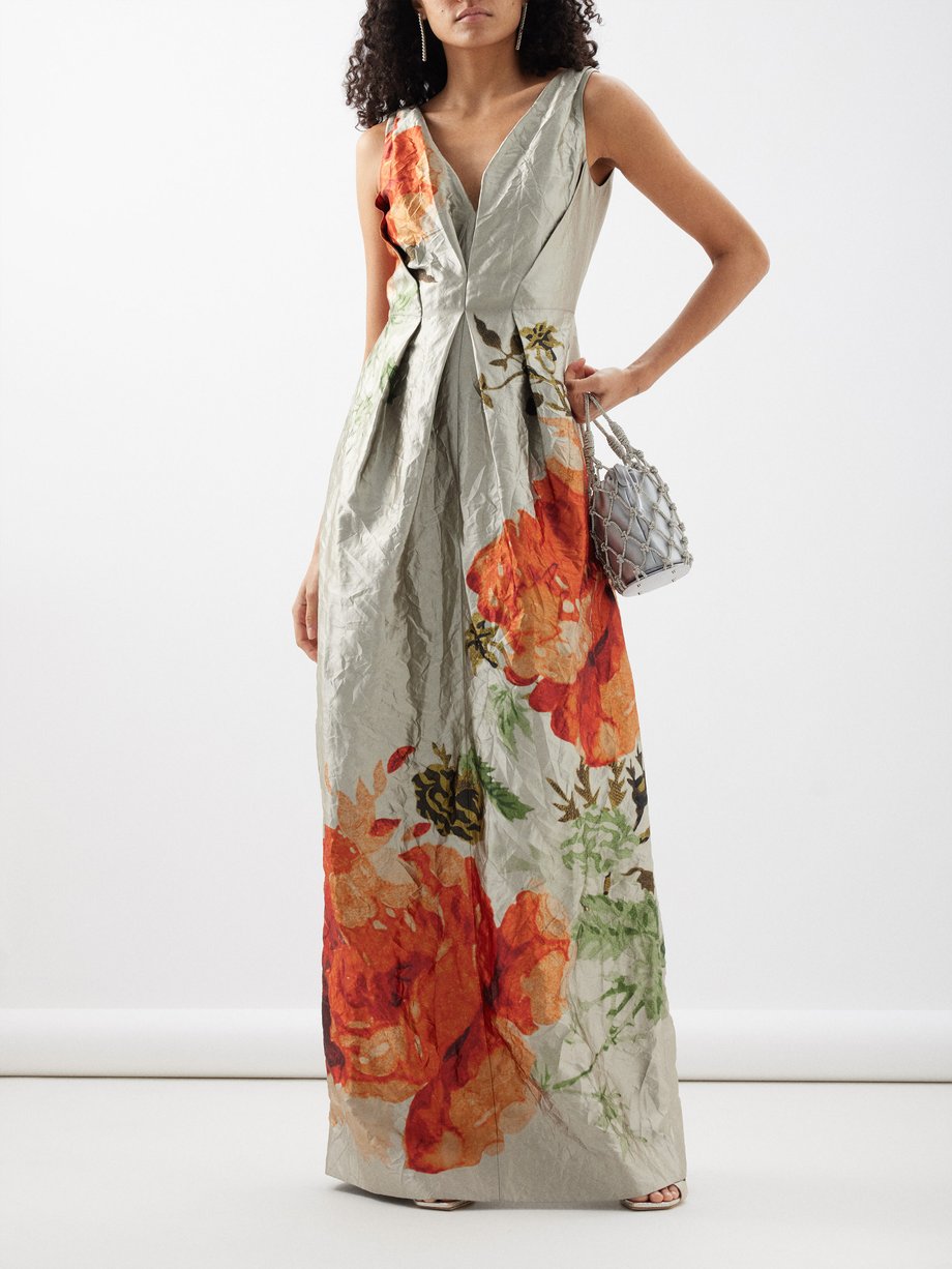 Silver Floral-print textured-satin gown, Erdem