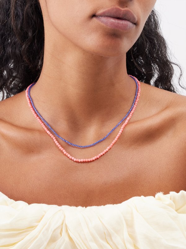 Hermina Athens Set of two crystal, coral & gold-vermeil necklaces
