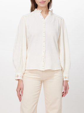 ba&sh Cara embroidered cotton-seersucker blouse