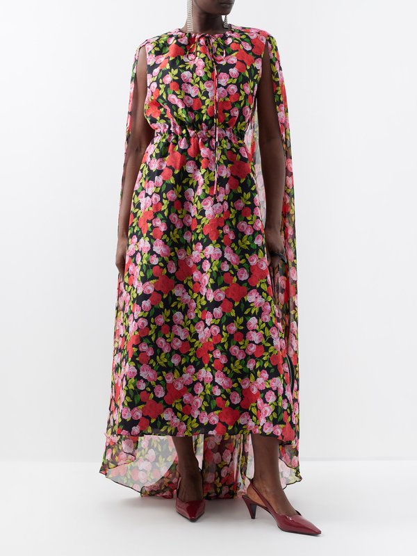 Richard Quinn Emily rose-print silk-chiffon cape dress