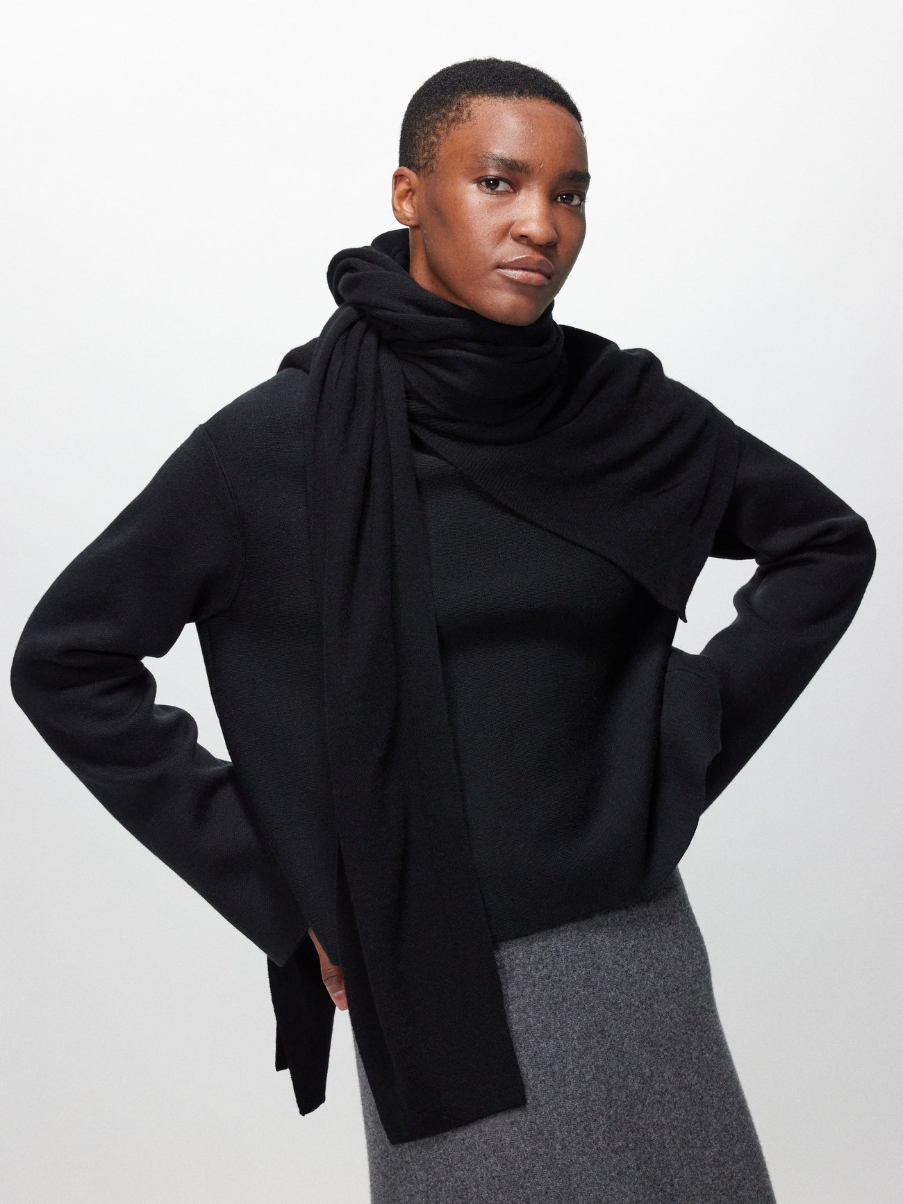 Black Wrap mélange wool-blend scarf, Lemaire