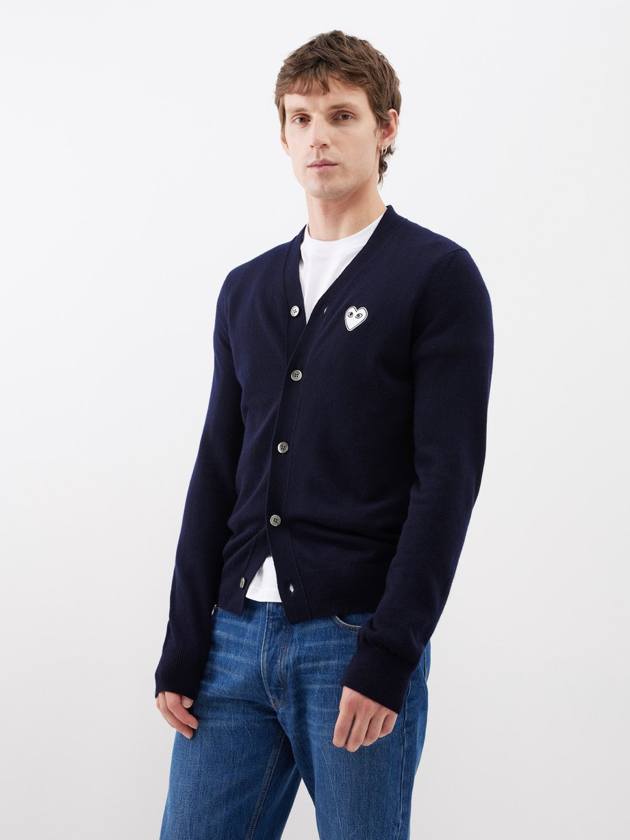 Navy White Heart embroidered wool cardigan | Comme des Garçons